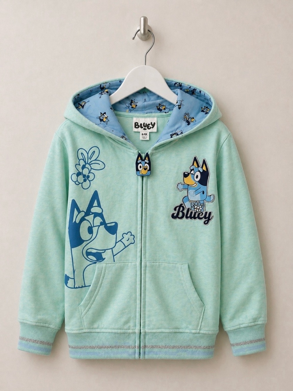 NWT Bluey Girls Embroidered Zip Hoodie small 6/6X Seafoam Floral